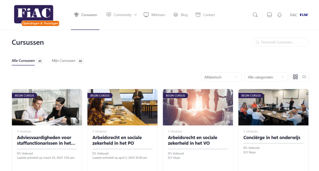 Screenshot overzicht van cursussen op de website van FiAC