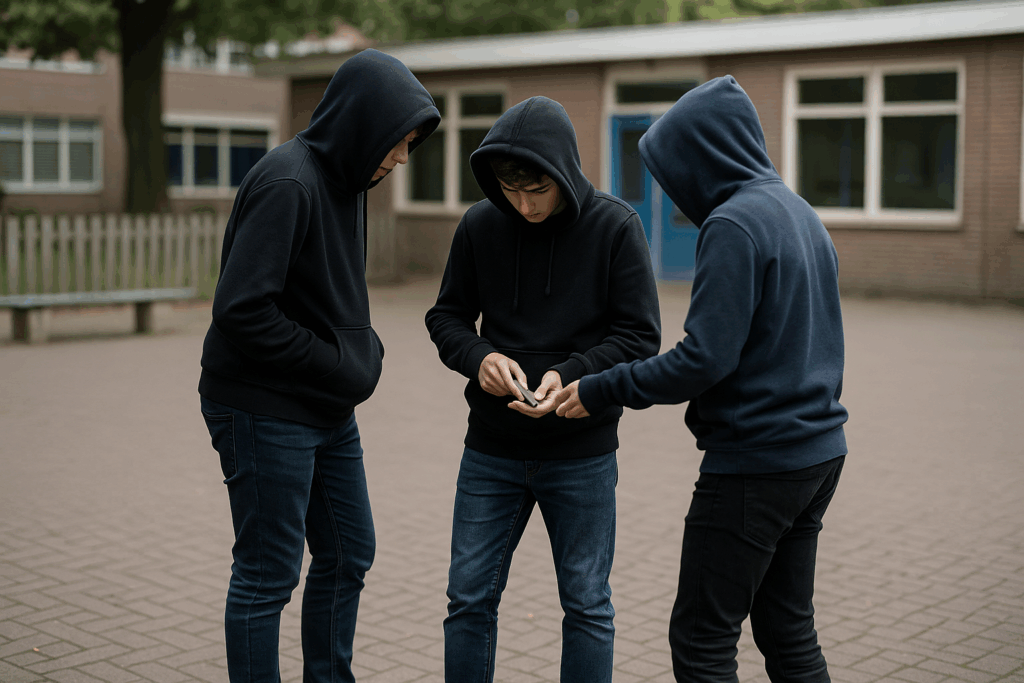 Jongens-met-capuchons-op-schoolplein